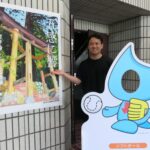 フォトスポットにもなるポスターとインターハイマスコット・ウイニン君の顔出しパネル
