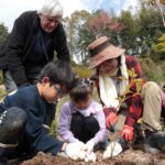 藤原教授・ボックス教授と一緒に植樹に取り組む子どもたち