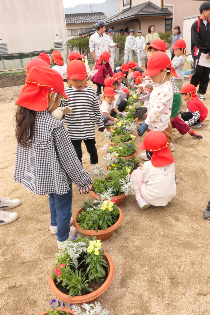 色とりどりの花を植えた鉢を眺める園児