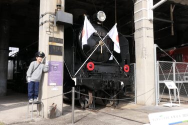 レバーを引いてデゴイチの汽笛を鳴らす武村君=岡山県津山市で