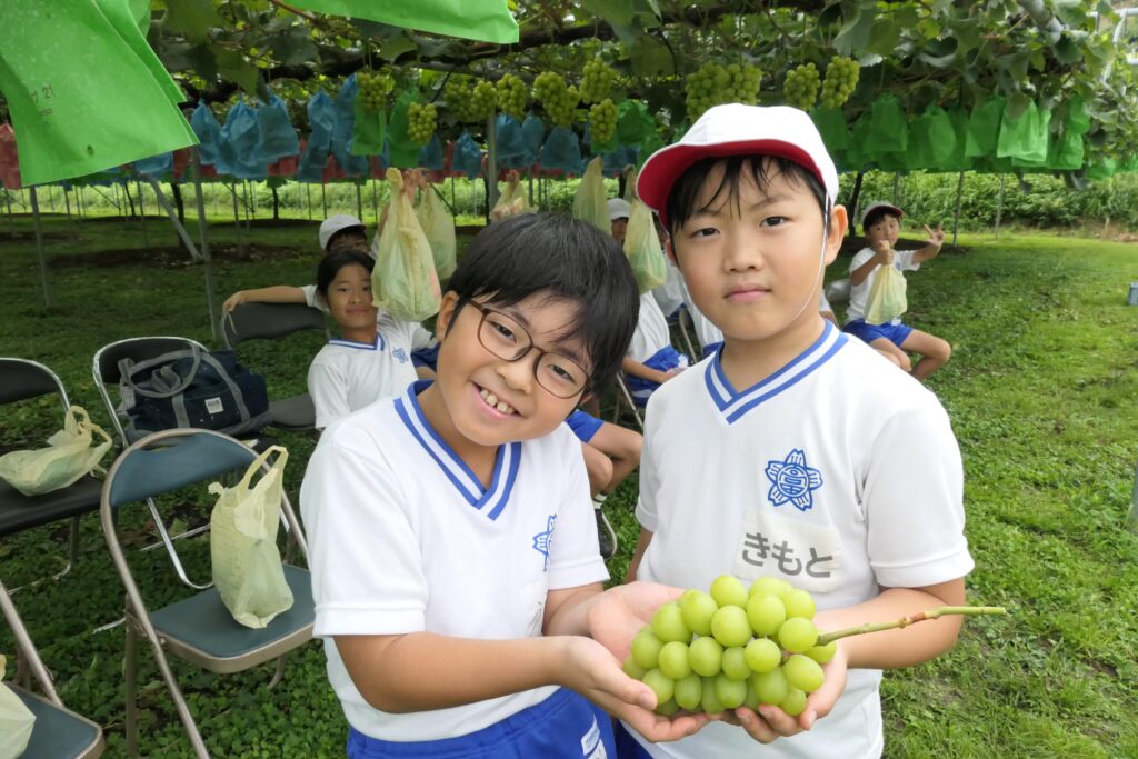 農園で実ったブドウを手にする高田小3年生
