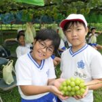 農園で実ったブドウを手にする高田小3年生