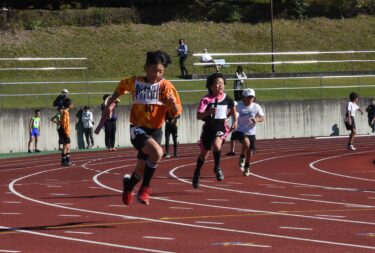 リレーカーニバルで力走する小学生=岡山県津山市で