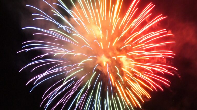 夜空と川面を彩る花火の大輪=岡山県真庭市で