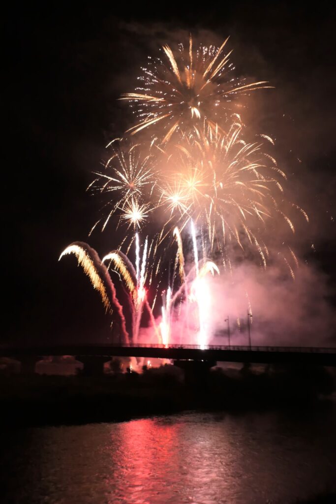 夜空と川面を彩る大輪の花火