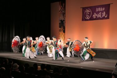 迫力のある傘踊りを披露する希星会メンバー=岡山県津山市で
