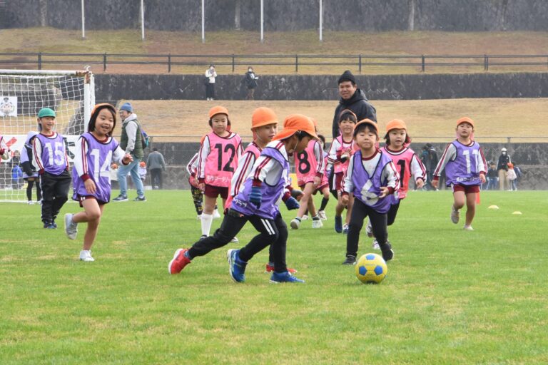 元気いっぱいにボールを追いかける子どもたち=岡山県美作市で