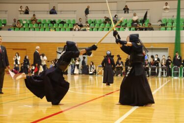 竹刀を交わす子どもたち=岡山県鏡野町で
